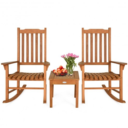 3 Pieces Eucalyptus Rocking Chair Set with Coffee Table  - Color: Natural