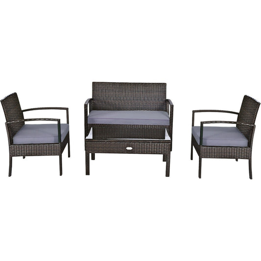 4 Pieces Patio Rattan Cushioned Furniture Set with Loveseat and Table -Brown - Color: Brown