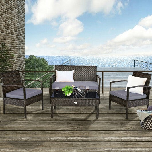 4 Pieces Patio Rattan Cushioned Furniture Set with Loveseat and Table -Brown - Color: Brown