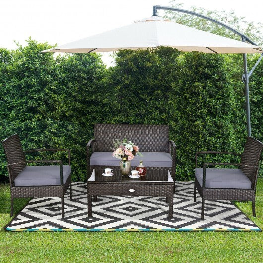 4 Pieces Patio Rattan Cushioned Furniture Set with Loveseat and Table -Brown - Color: Brown