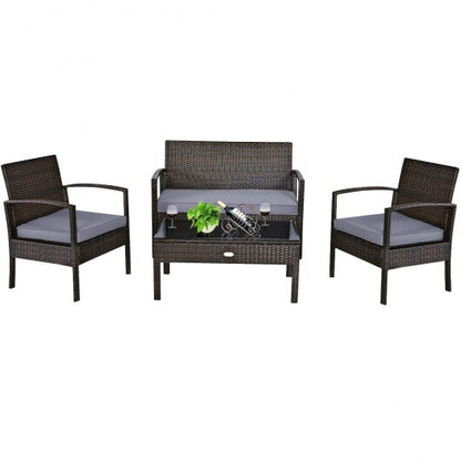 4 Pieces Patio Rattan Cushioned Furniture Set with Loveseat and Table -Brown - Color: Brown