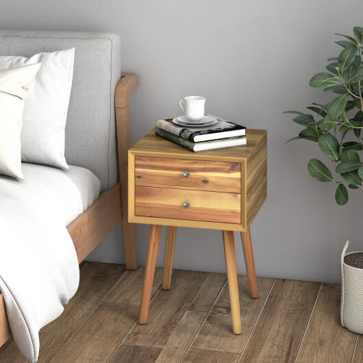 Wooden Nightstand Mid-Century End Side Table with 2 Storage Drawers-Natural - Color: Natural