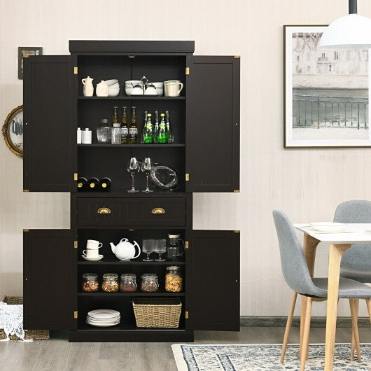 Cupboard Freestanding Kitchen Cabinet w/ Adjustable Shelves-Dark Brown - Color: Dark Brown