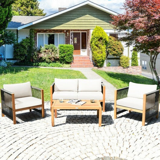 4 Pieces Acacia Wood Outdoor Patio Furniture Set with Cushions-White - Color: White