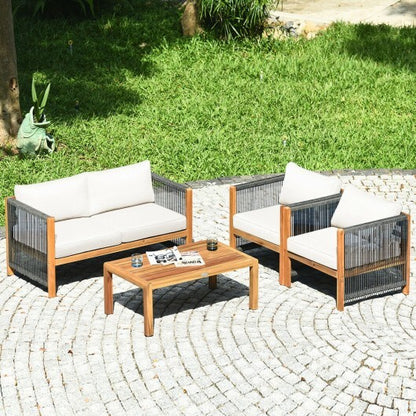 4 Pieces Acacia Wood Outdoor Patio Furniture Set with Cushions-White - Color: White