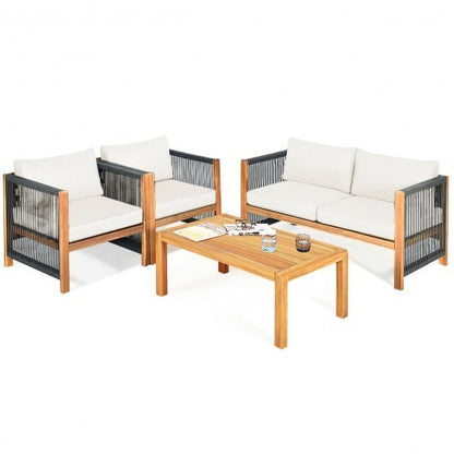 4 Pieces Acacia Wood Outdoor Patio Furniture Set with Cushions-White - Color: White