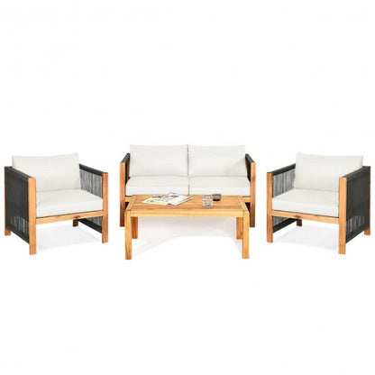 4 Pieces Acacia Wood Outdoor Patio Furniture Set with Cushions-White - Color: White