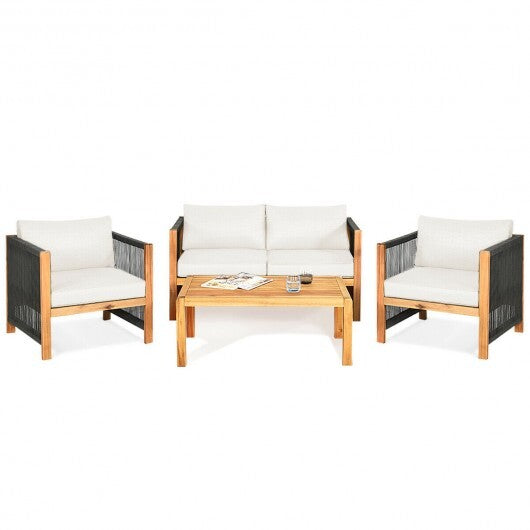 4 Pieces Acacia Wood Outdoor Patio Furniture Set with Cushions-White - Color: White