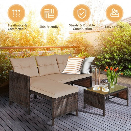 3 Pieces Patio Wicker Rattan Sofa Set-Beige - Color: Beige