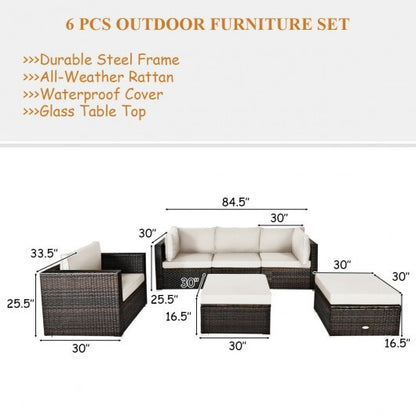 6 Pcs Patio Rattan Furniture Set with Sectional Cushion-White - Color: White