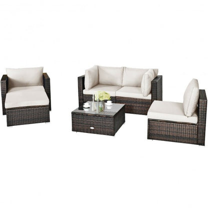 6 Pcs Patio Rattan Furniture Set with Sectional Cushion-White - Color: White