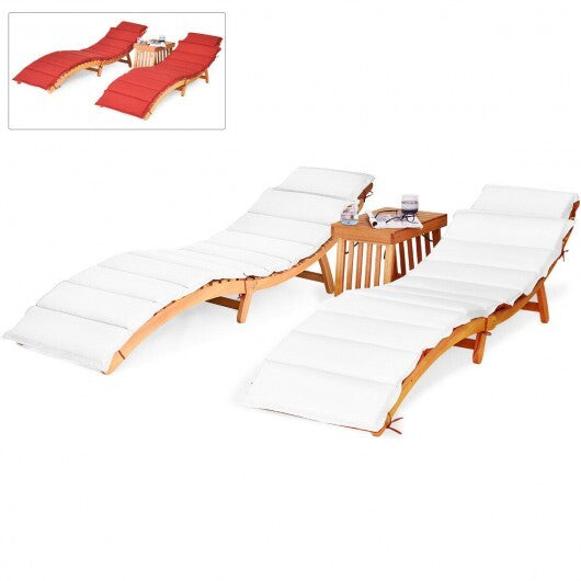 3 Pieces Folding Patio Eucalyptus Wood Lounge Chair Set with Foldable Side Table - Color: Red