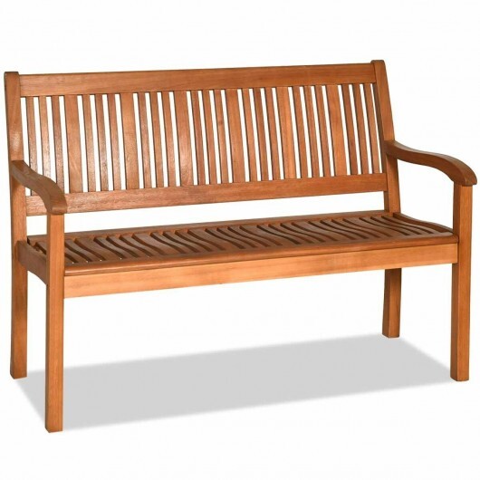 Two Person Solid Wood Garden Bench with Curved Backrest and Wide Armrest - Color: Natural