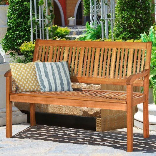 Two Person Solid Wood Garden Bench with Curved Backrest and Wide Armrest - Color: Natural