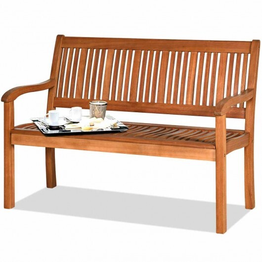 Two Person Solid Wood Garden Bench with Curved Backrest and Wide Armrest - Color: Natural