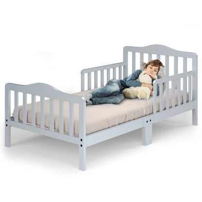 Classic Design Kids Wood Toddler Bed Frame with Two Side Safety Guardrailss-Gray - Color: Gray