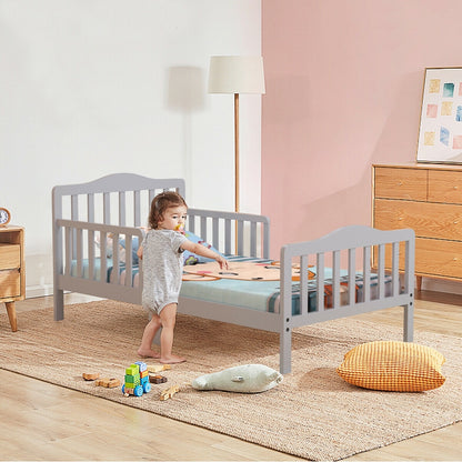 Classic Design Kids Wood Toddler Bed Frame with Two Side Safety Guardrailss-Gray - Color: Gray