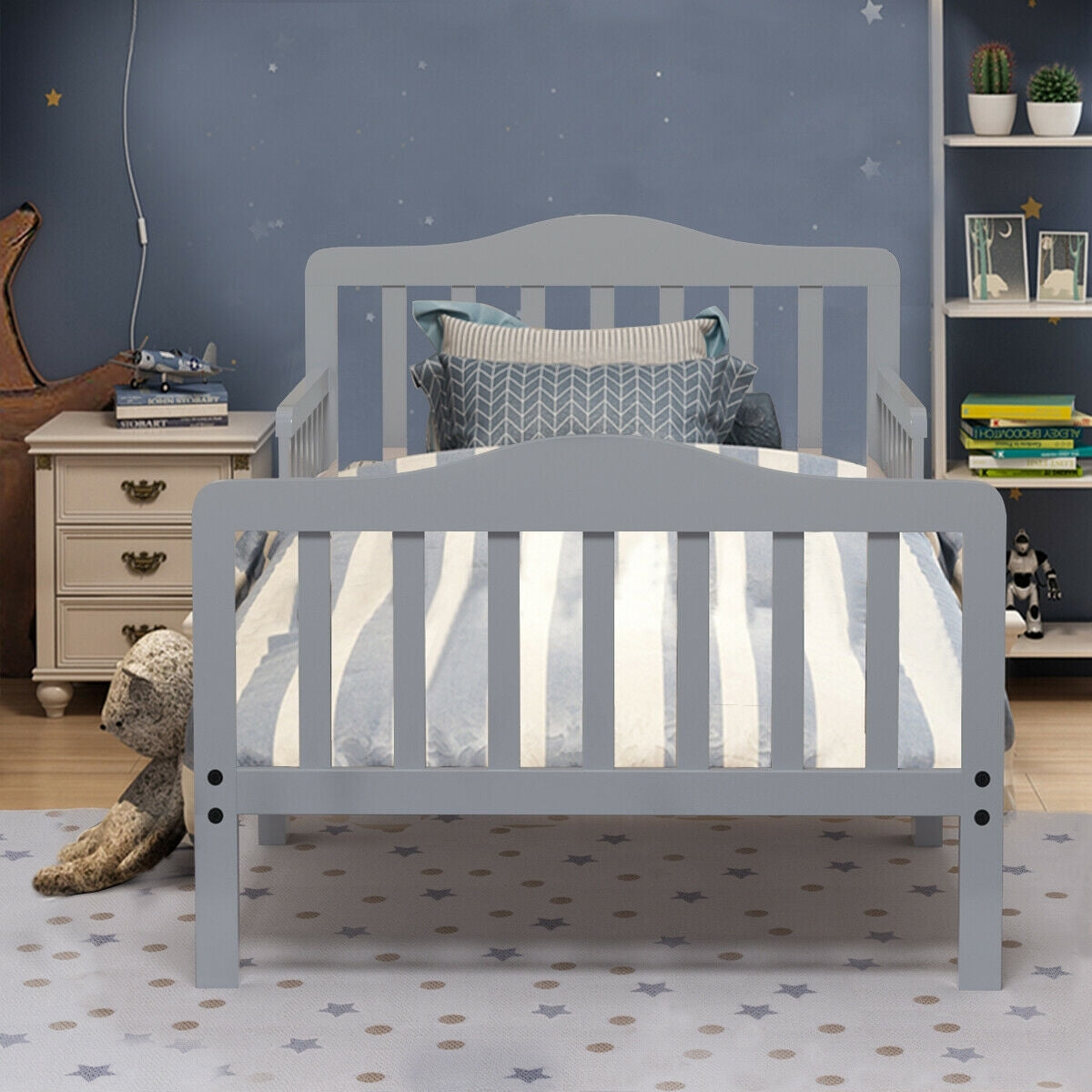 Classic Design Kids Wood Toddler Bed Frame with Two Side Safety Guardrailss-Gray - Color: Gray