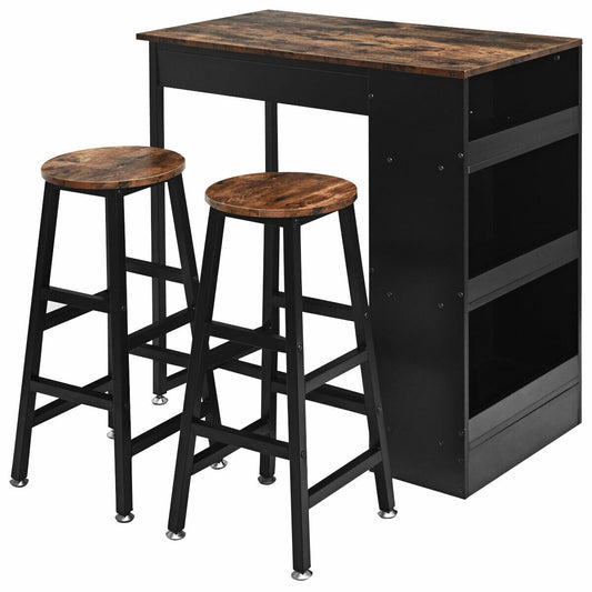 3 Pieces Bar Table Set with Storage - Color: Brown