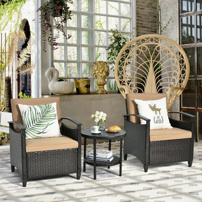 3 Pieces Patio Rattan Furniture Set Cushioned Sofa Storage Table with Shelf Garden - Color: Brown