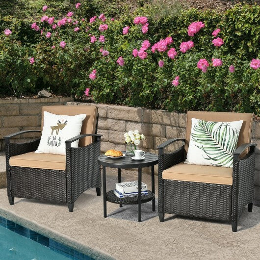 3 Pieces Patio Rattan Furniture Set Cushioned Sofa Storage Table with Shelf Garden - Color: Brown