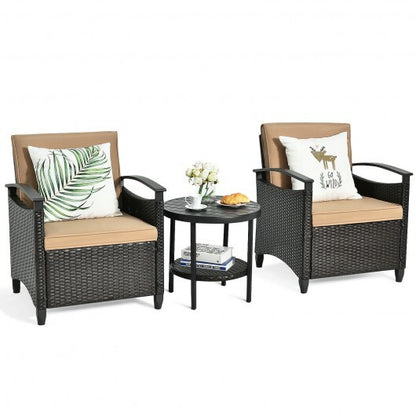 3 Pieces Patio Rattan Furniture Set Cushioned Sofa Storage Table with Shelf Garden - Color: Brown