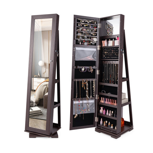 360? Rotatable 2-in-1 Lockable Jewelry Cabinet with Full-Length Mirror-Dark Brown - Color: Dark Brown