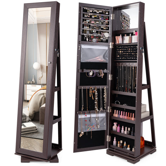 360? Rotatable 2-in-1 Lockable Jewelry Cabinet with Full-Length Mirror-Dark Brown - Color: Dark Brown