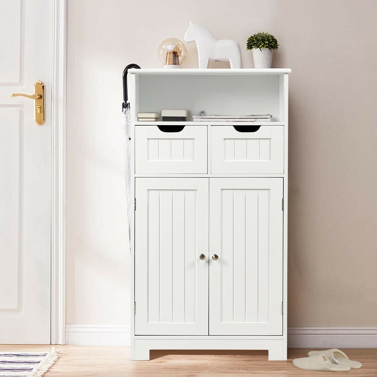 Bathroom Wooden Side Cabinet  with 2 Drawers and 2 Doors-White - Color: White