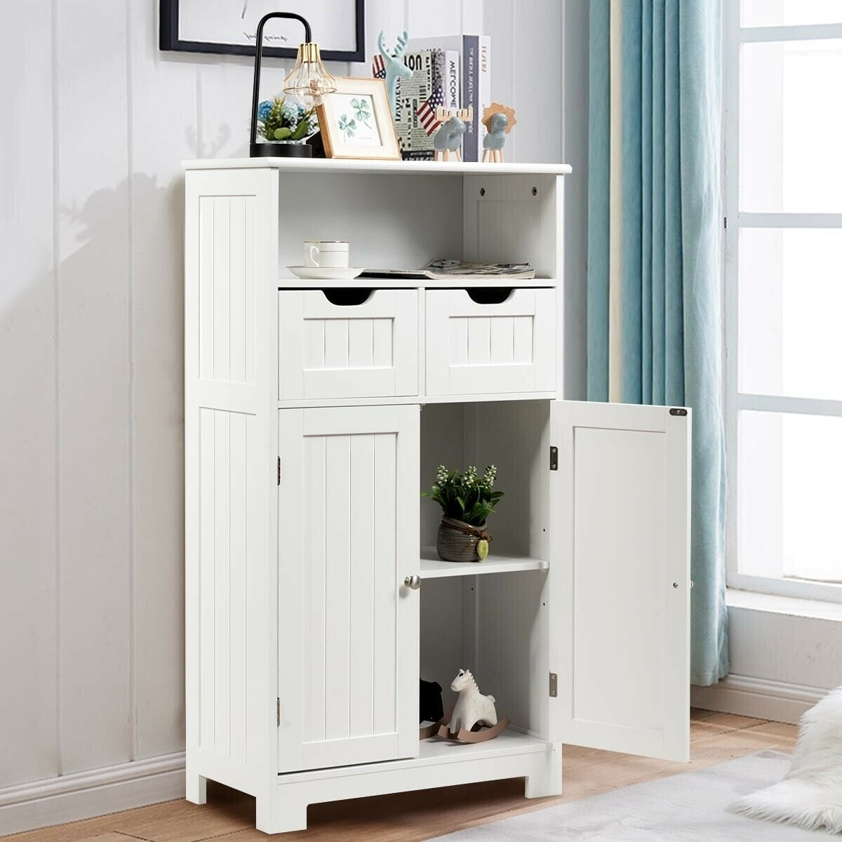 Bathroom Wooden Side Cabinet  with 2 Drawers and 2 Doors-White - Color: White