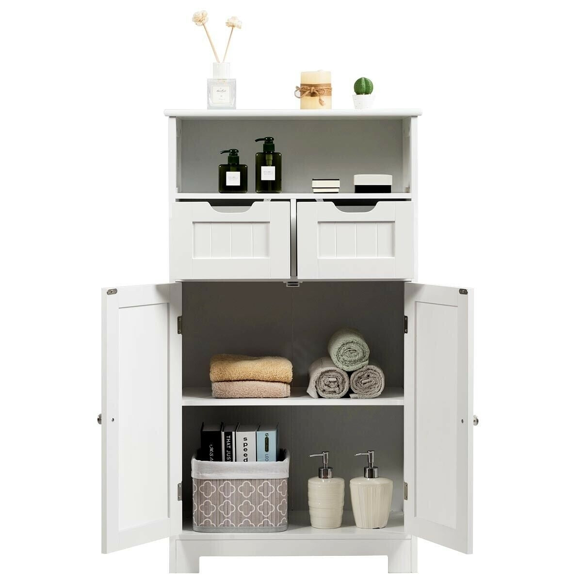 Bathroom Wooden Side Cabinet  with 2 Drawers and 2 Doors-White - Color: White