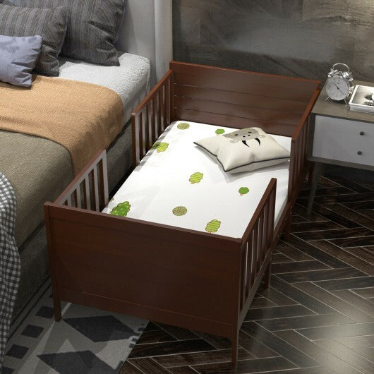 2-in-1 Convertible Kids Wooden Bedroom Furniture with Guardrails-Brown - Color: Brown