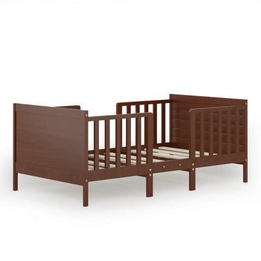 2-in-1 Convertible Kids Wooden Bedroom Furniture with Guardrails-Brown - Color: Brown