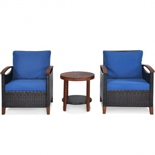 3 Pieces Patio Rattan Furniture Set with Washable Cushion and Acacia Wood Tabletop-Blue - Color: Blue