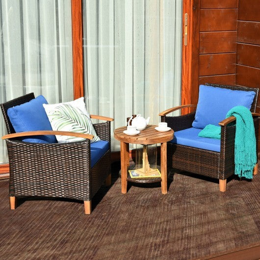 3 Pieces Patio Rattan Furniture Set with Washable Cushion and Acacia Wood Tabletop-Blue - Color: Blue