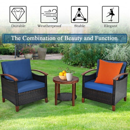 3 Pieces Patio Rattan Furniture Set with Washable Cushion and Acacia Wood Tabletop-Blue - Color: Blue