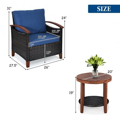 3 Pieces Patio Rattan Furniture Set with Washable Cushion and Acacia Wood Tabletop-Blue - Color: Blue