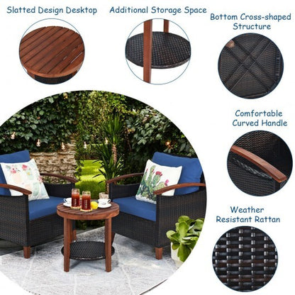 3 Pieces Patio Rattan Furniture Set with Washable Cushion and Acacia Wood Tabletop-Blue - Color: Blue