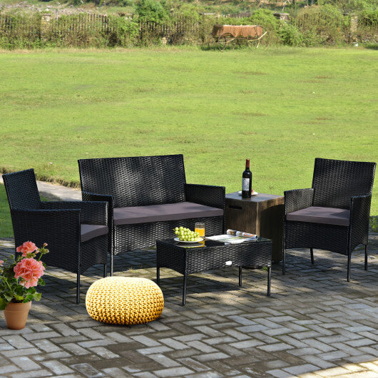 4 Pieces Patio Rattan Cushioned Sofa Set with Tempered Glass Coffee Table-Gray - Color: Gray