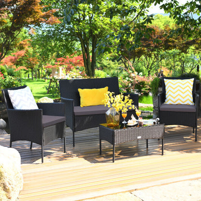 4 Pieces Patio Rattan Cushioned Sofa Set with Tempered Glass Coffee Table-Gray - Color: Gray