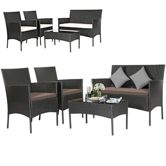 4 Pieces Patio Rattan Cushioned Sofa Set with Tempered Glass Coffee Table-Gray & Off White - Color: Gray & Off White