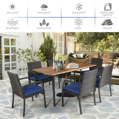 7Pcs Patio Rattan Cushioned Dining Set with Umbrella Hole-Navy - Color: Navy