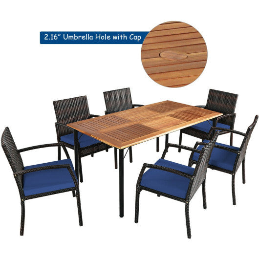 7Pcs Patio Rattan Cushioned Dining Set with Umbrella Hole-Navy - Color: Navy