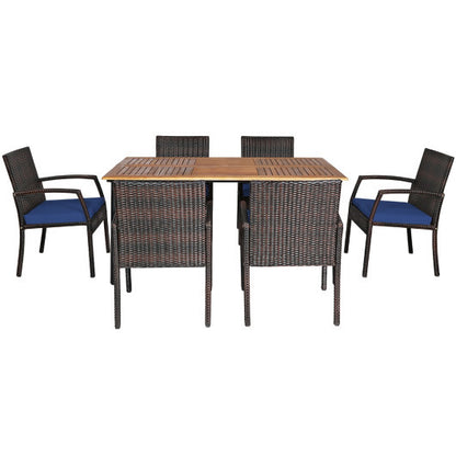 7Pcs Patio Rattan Cushioned Dining Set with Umbrella Hole-Navy - Color: Navy