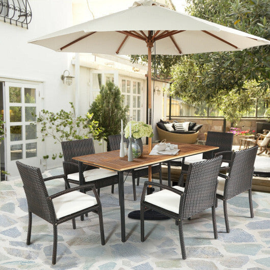 7PCS Patio Rattan Cushioned Dining Set with Umbrella Hole - Color: White