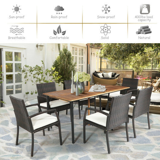 7PCS Patio Rattan Cushioned Dining Set with Umbrella Hole - Color: White