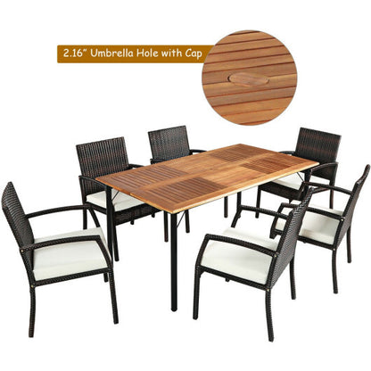 7PCS Patio Rattan Cushioned Dining Set with Umbrella Hole - Color: White