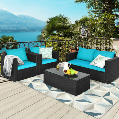 4Pcs Patio Rattan Cushioned Furniture Set-Turquoise - Color: Turquoise