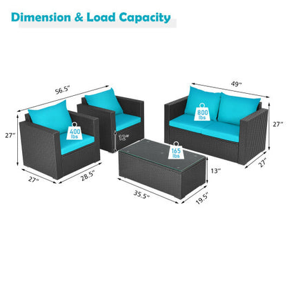 4Pcs Patio Rattan Cushioned Furniture Set-Turquoise - Color: Turquoise