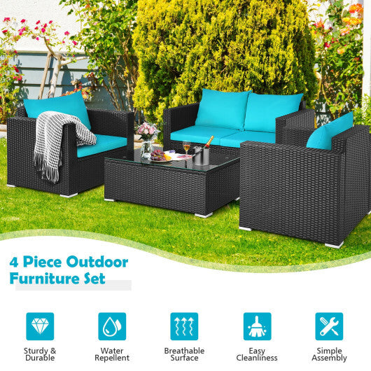 4Pcs Patio Rattan Cushioned Furniture Set-Turquoise - Color: Turquoise